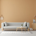 Gray sofa in brown living room with copy space for mock up, 3D r